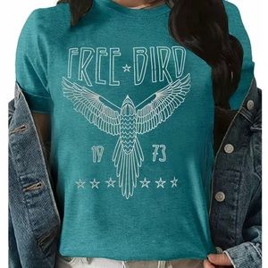 Teal Super Soft Tee, Medium. Free Birds Print